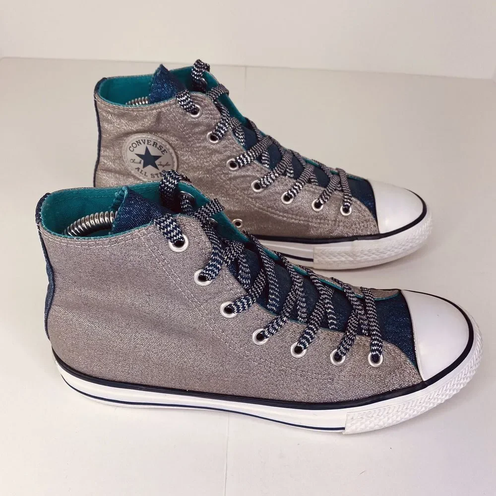 Converse All Star Sneakers Junior 5 Chuck Taylor High Tops Silver Sparkle & Teal